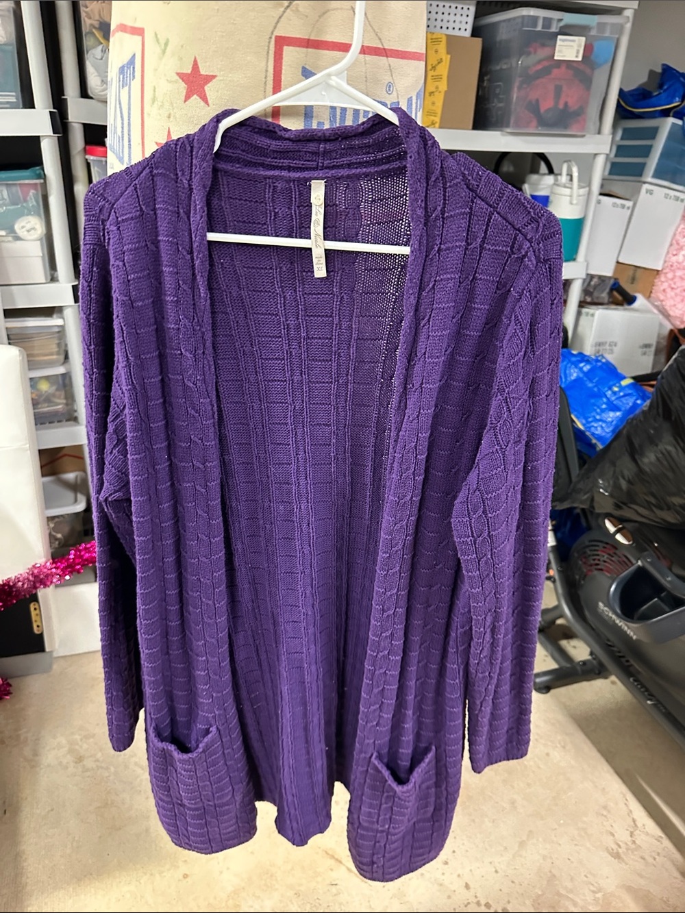 Women's Open-Front Purple Knit Cardigan with Front Pockets